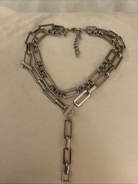 Silver Multi-Link Y-Necklace with Crystal Accent